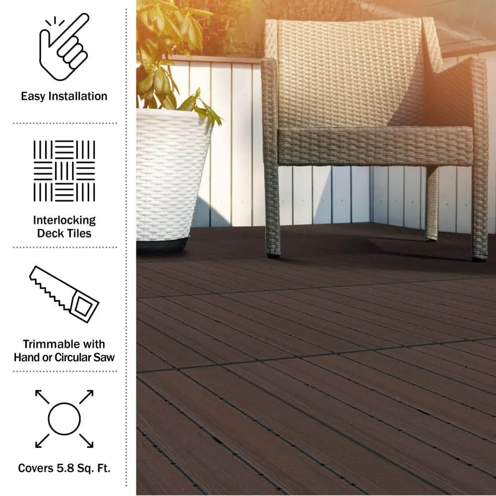 Pure Garden 1 ft. W x 1 ft. L 6 Patio Tiles Woodgrain Wood/Polypropylene Interlocking Deck Tile Flooring in Mocha, photo 3 of 7