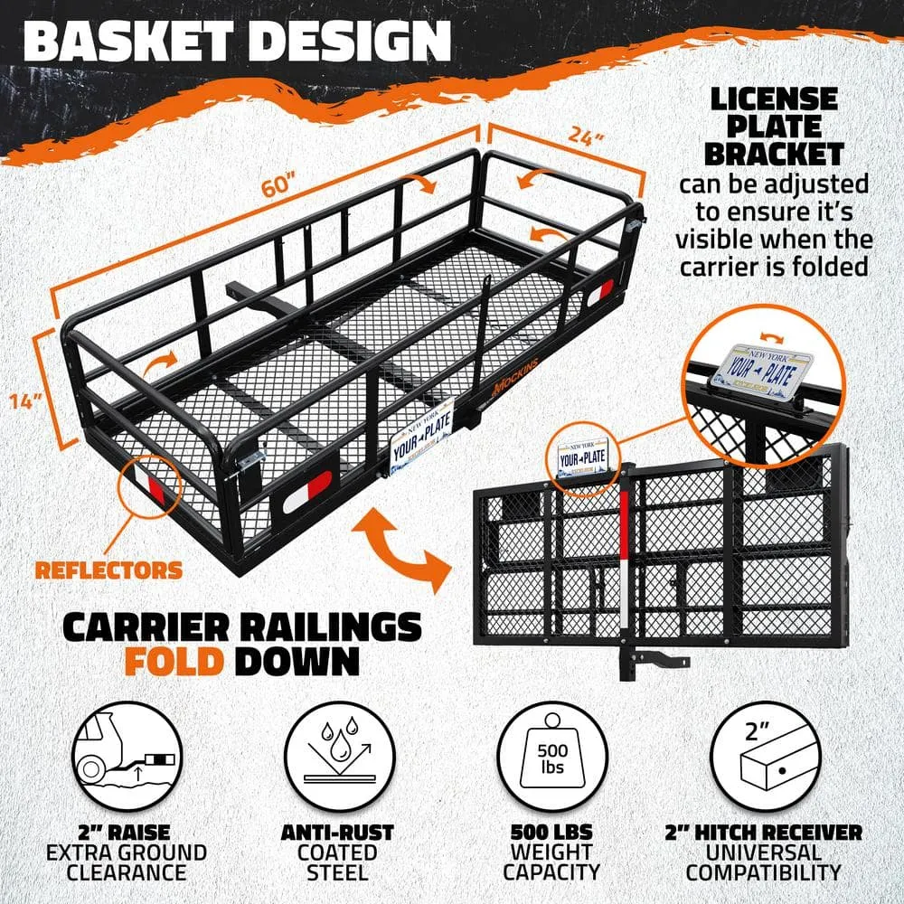 Mockins 500lb. Cap. 60 in. x 24 in. x 14 in. Rustproof High Rail Hitch Mount Cargo Carrier Basket - License Holder, 2 in. Raise, photo 2 of 8
