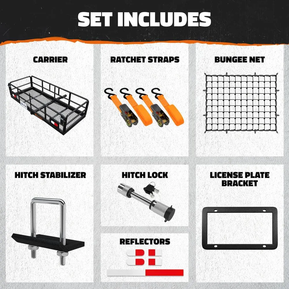 Mockins 500lb. Cap. 60 in. x 24 in. x 14 in. Rustproof High Rail Hitch Mount Cargo Carrier Basket - License Holder, 2 in. Raise, photo 7 of 8