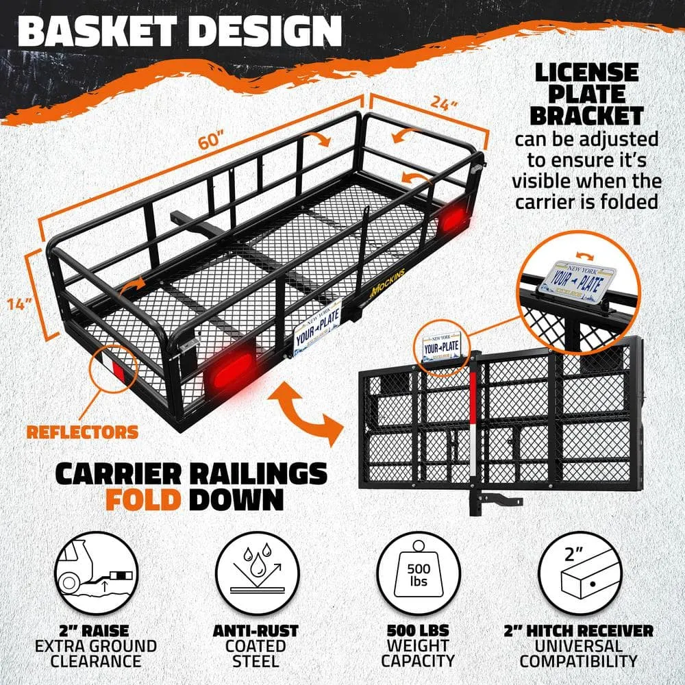 Mockins 500 lbs. Capacity 60 in. x 24 in. x 14 in. Hitch Cargo Carrier w/High Rails, Rear Lights, 30 CuFt Cargo Bag, Net, Straps, photo 3 of 9