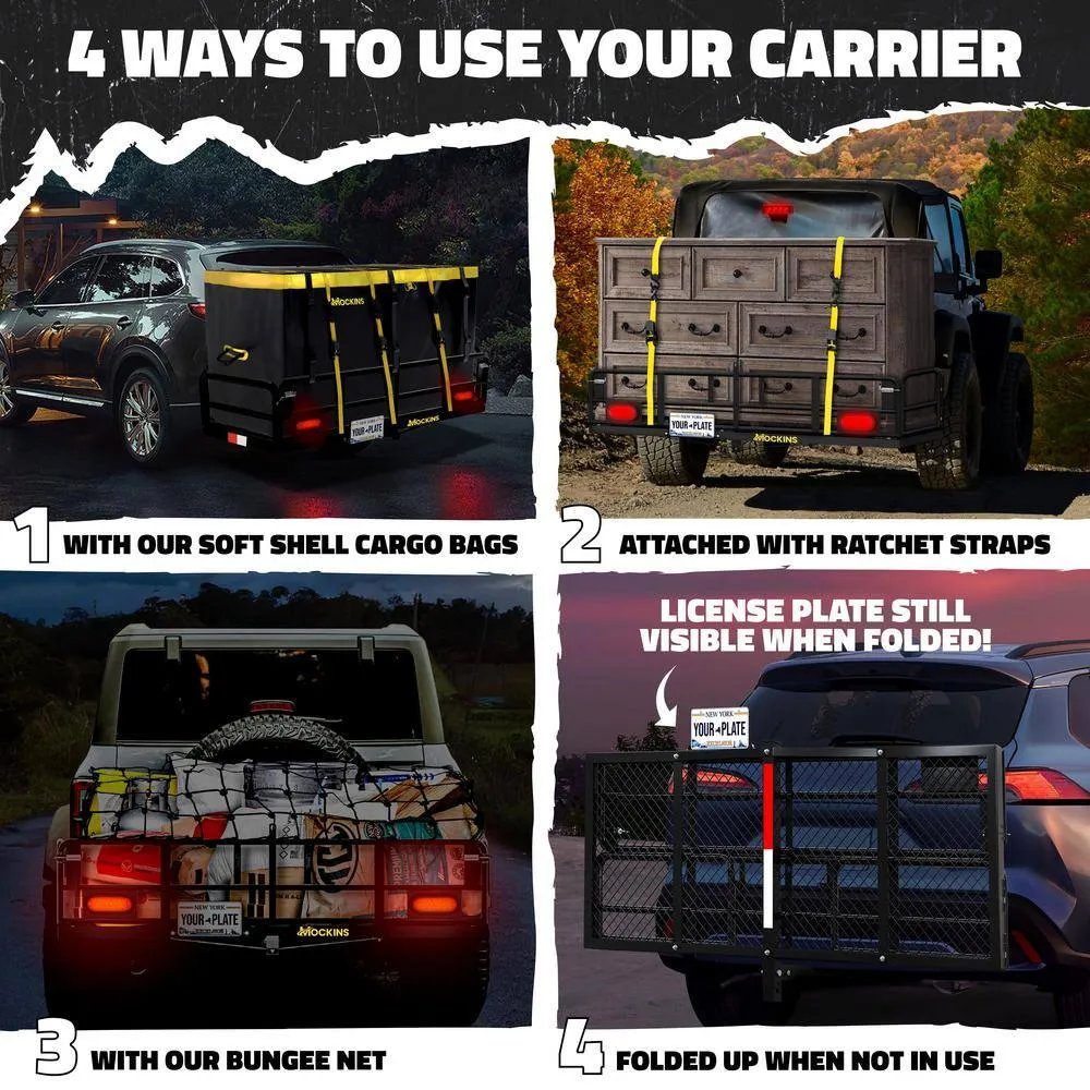 Mockins 500 lbs. Capacity 60 in. x 24 in. x 14 in. Hitch Cargo Carrier w/High Rails, Rear Lights, 30 CuFt Cargo Bag, Net, Straps, photo 7 of 9