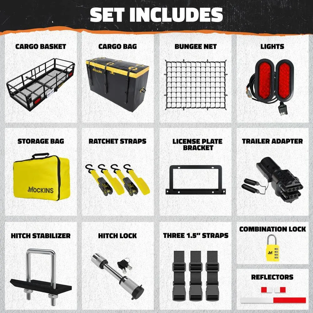 Mockins 500 lbs. Capacity 60 in. x 24 in. x 14 in. Hitch Cargo Carrier w/High Rails, Rear Lights, 30 CuFt Cargo Bag, Net, Straps, photo 9 of 9
