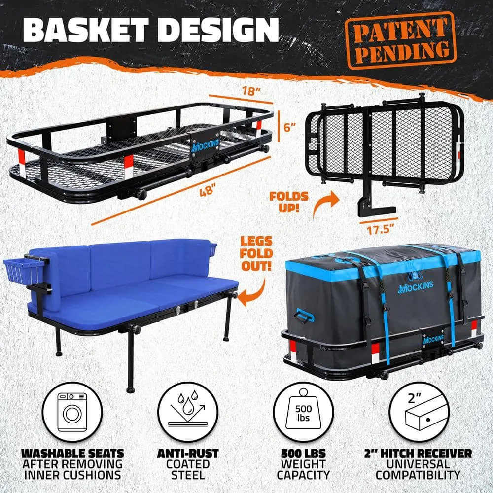 Mockins 48in x 18in x 6in. 2-in-1 Hitch Mount Cargo Carrier and Hitch Bench with 15CuFt Cargo Bag, Cushion Set and Accessories, photo 3 of 9