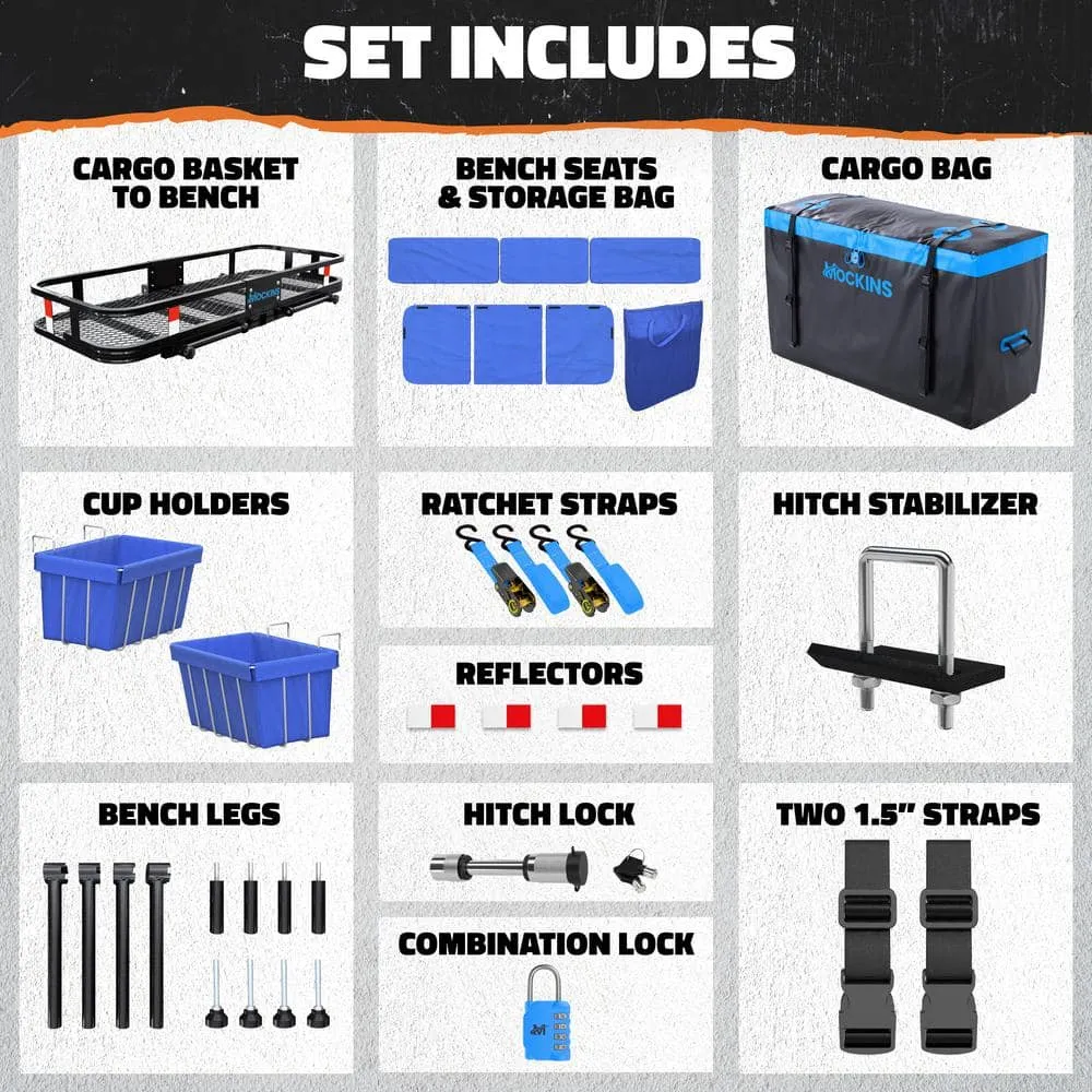 Mockins 48in x 18in x 6in. 2-in-1 Hitch Mount Cargo Carrier and Hitch Bench with 15CuFt Cargo Bag, Cushion Set and Accessories, photo 9 of 9
