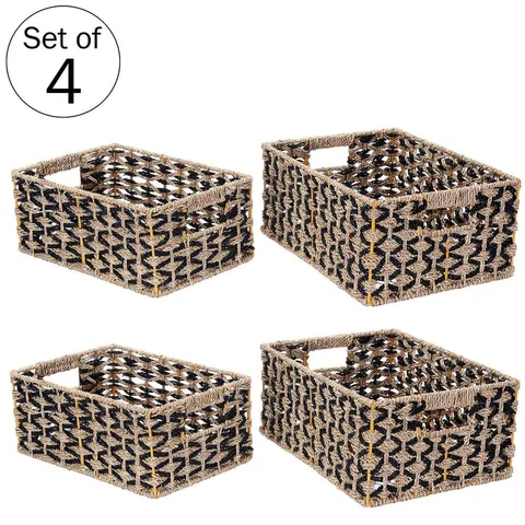 6 in high · 11 in wide · 15 in deep Black and Natural Water Hyacinth Nesting Cube Storage Bins