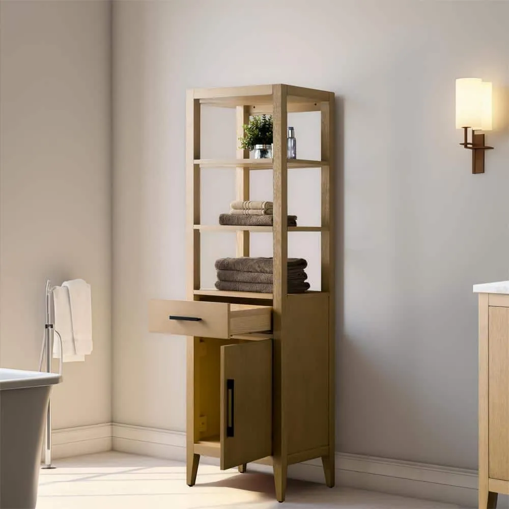 Vanity Art 21 in. W x 17 in. D x 72 in. H Brown MDF Floor Standing Linen Cabinet with Soft Close Door in Natural Oak/MB, photo 2 of 9