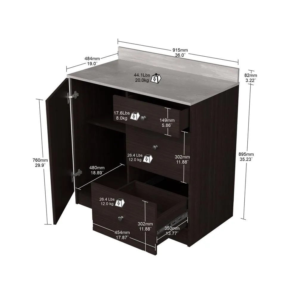 Inval 36.02 in. W x 19.69 in. D x 37.80 in. H Natural Stone/Espresso Ready to Assemble Wood Breakroom Base Kitchen Cabinet, photo 7 of 9