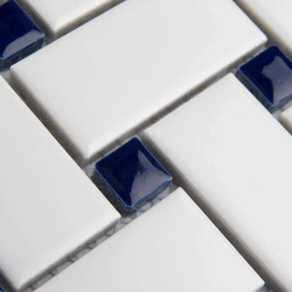Merola Tile Metro Basketweave Matte White with Cobalt Dot 11-3/4 in. x 11-3/4 in. Porcelain Mosaic Tile (19.58 sq. ft./Case), photo 5 of 8