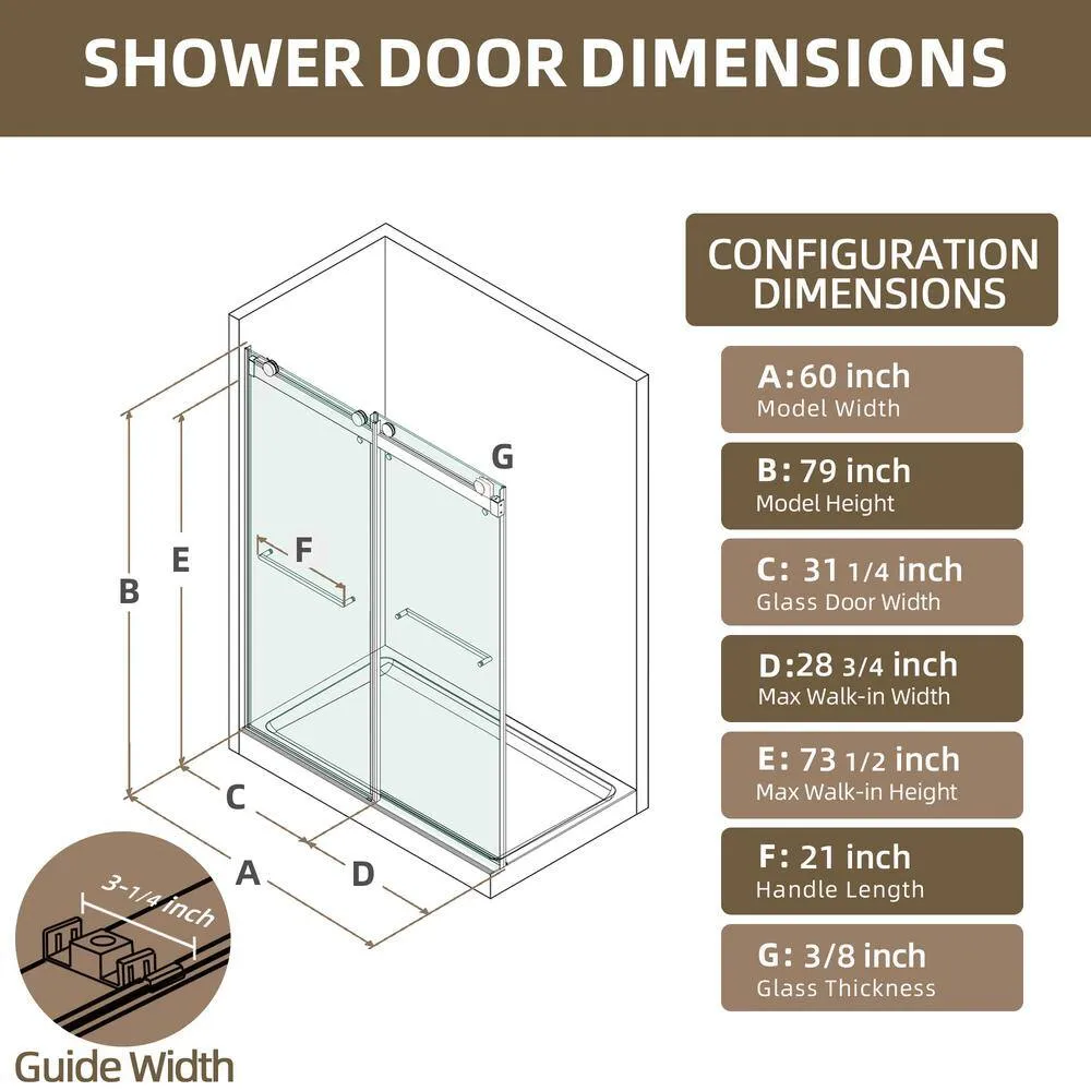 NTQ 60 in. W x 79 in. H Soft Close Double Sliding Bypass Frameless Glass Shower Door in Brushed Nickel 3/8 in. Clear Glass, photo 10 of 14