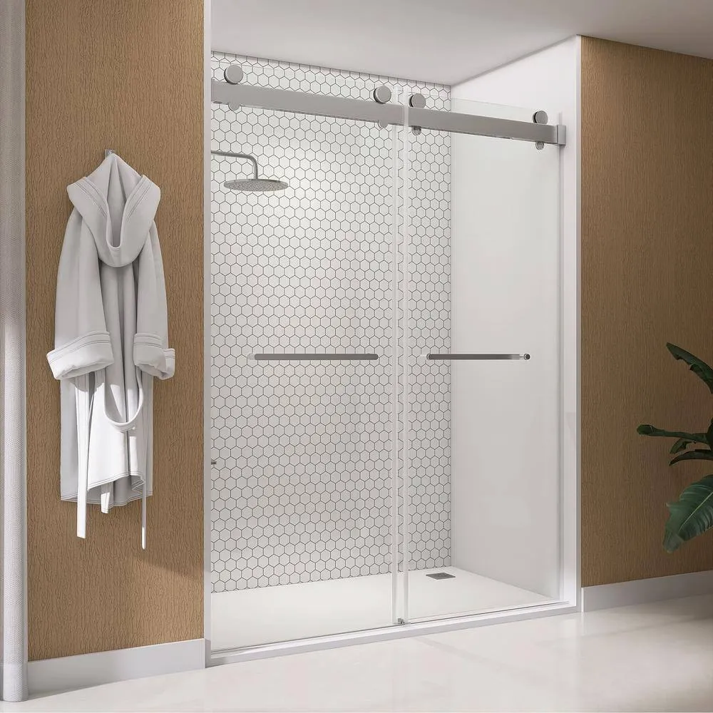 NTQ 60 in. W x 79 in. H Soft Close Double Sliding Bypass Frameless Glass Shower Door in Brushed Nickel 3/8 in. Clear Glass, photo 14 of 14