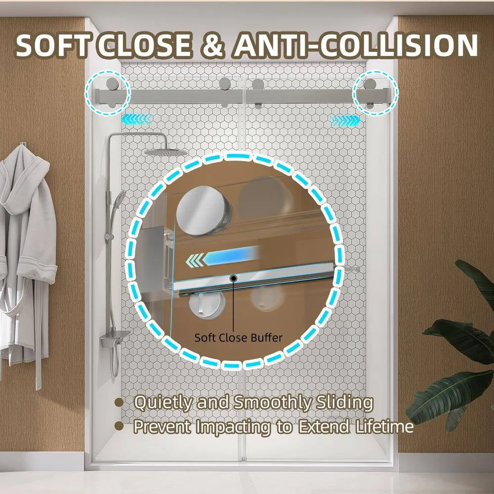 NTQ 60 in. W x 79 in. H Soft Close Double Sliding Bypass Frameless Glass Shower Door in Brushed Nickel 3/8 in. Clear Glass, photo 11 of 14