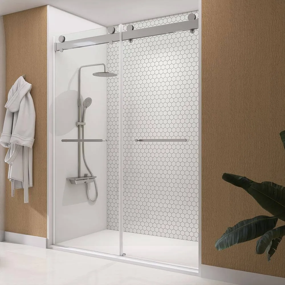 NTQ 60 in. W x 79 in. H Soft Close Double Sliding Bypass Frameless Glass Shower Door in Brushed Nickel 3/8 in. Clear Glass, photo 9 of 14