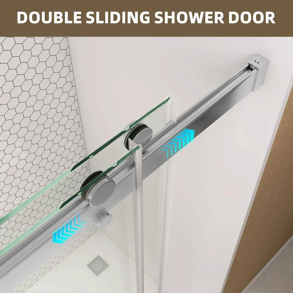 NTQ 60 in. W x 79 in. H Soft Close Double Sliding Bypass Frameless Glass Shower Door in Brushed Nickel 3/8 in. Clear Glass, photo 13 of 14