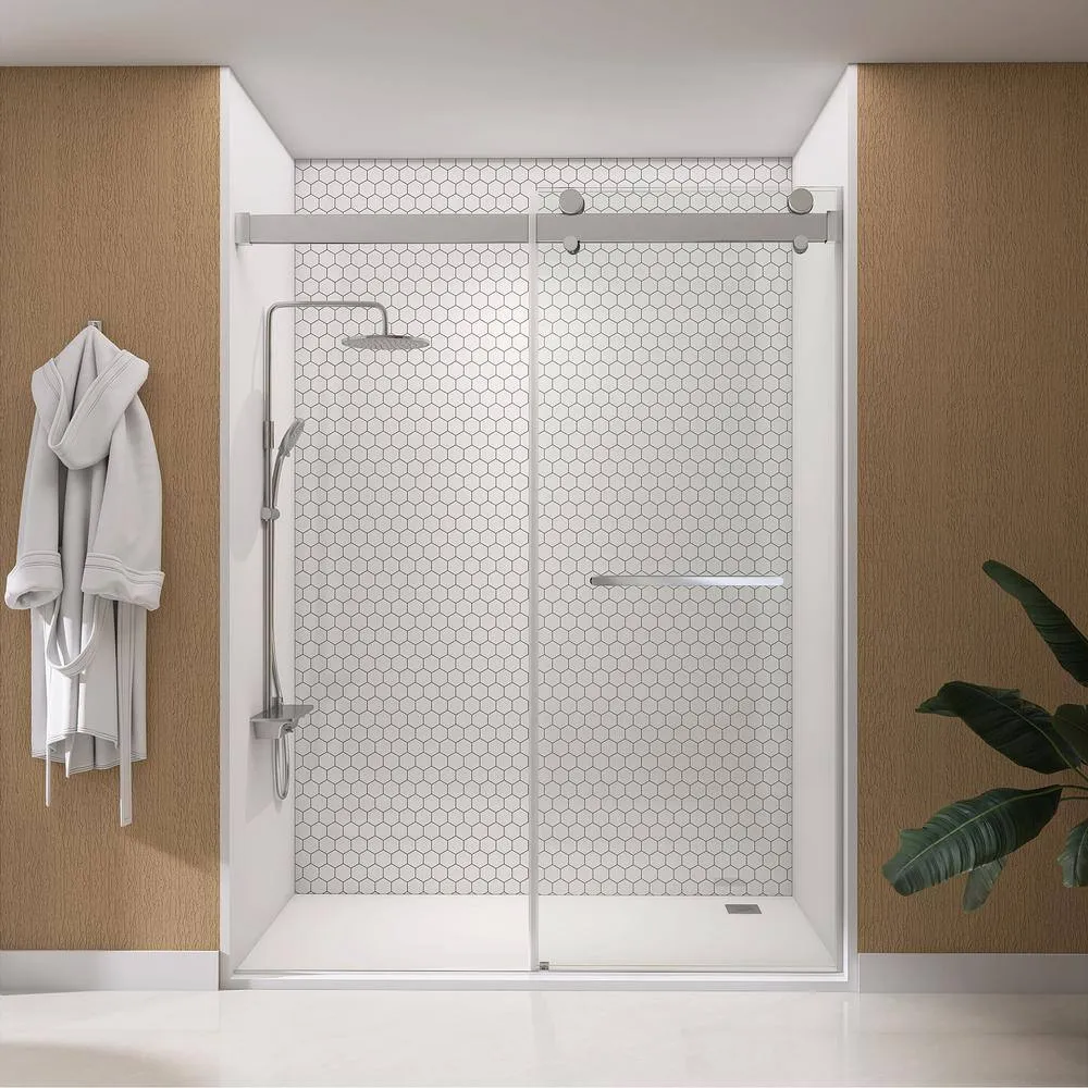 NTQ 60 in. W x 79 in. H Soft Close Double Sliding Bypass Frameless Glass Shower Door in Brushed Nickel 3/8 in. Clear Glass, photo 7 of 14