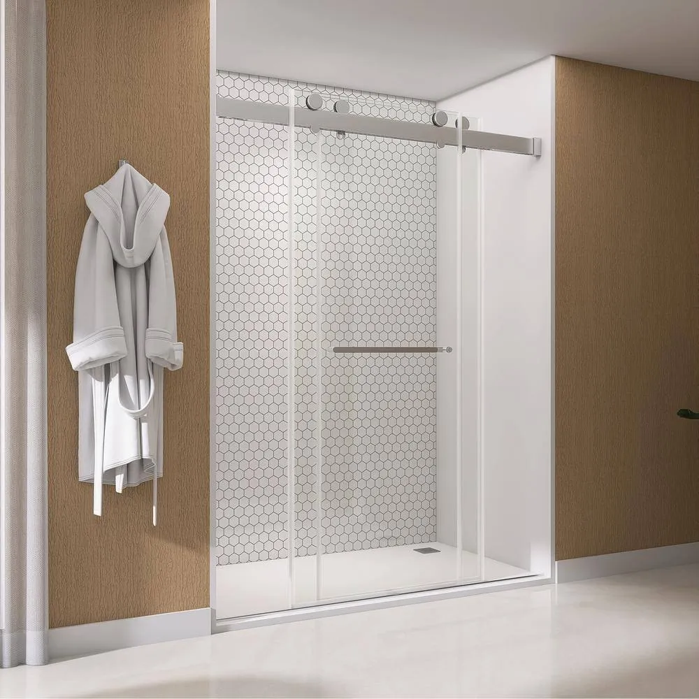 NTQ 60 in. W x 79 in. H Soft Close Double Sliding Bypass Frameless Glass Shower Door in Brushed Nickel 3/8 in. Clear Glass, photo 8 of 14