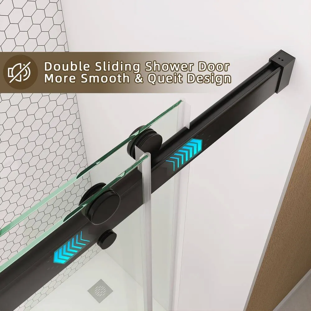 NTQ 60 in. W x 79 in. H Soft-Close Frameless Double Sliding Alcove Glass Shower Door in Matte Black 3/8 in. Tempered Glass, photo 5 of 8