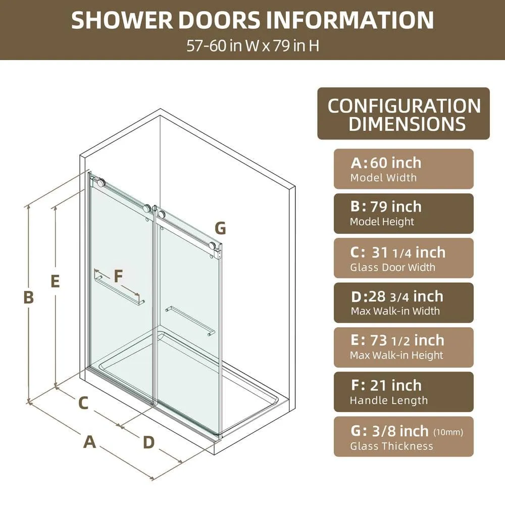 NTQ 60 in. W x 79 in. H Soft-Close Frameless Double Sliding Alcove Glass Shower Door in Matte Black 3/8 in. Tempered Glass, photo 3 of 8