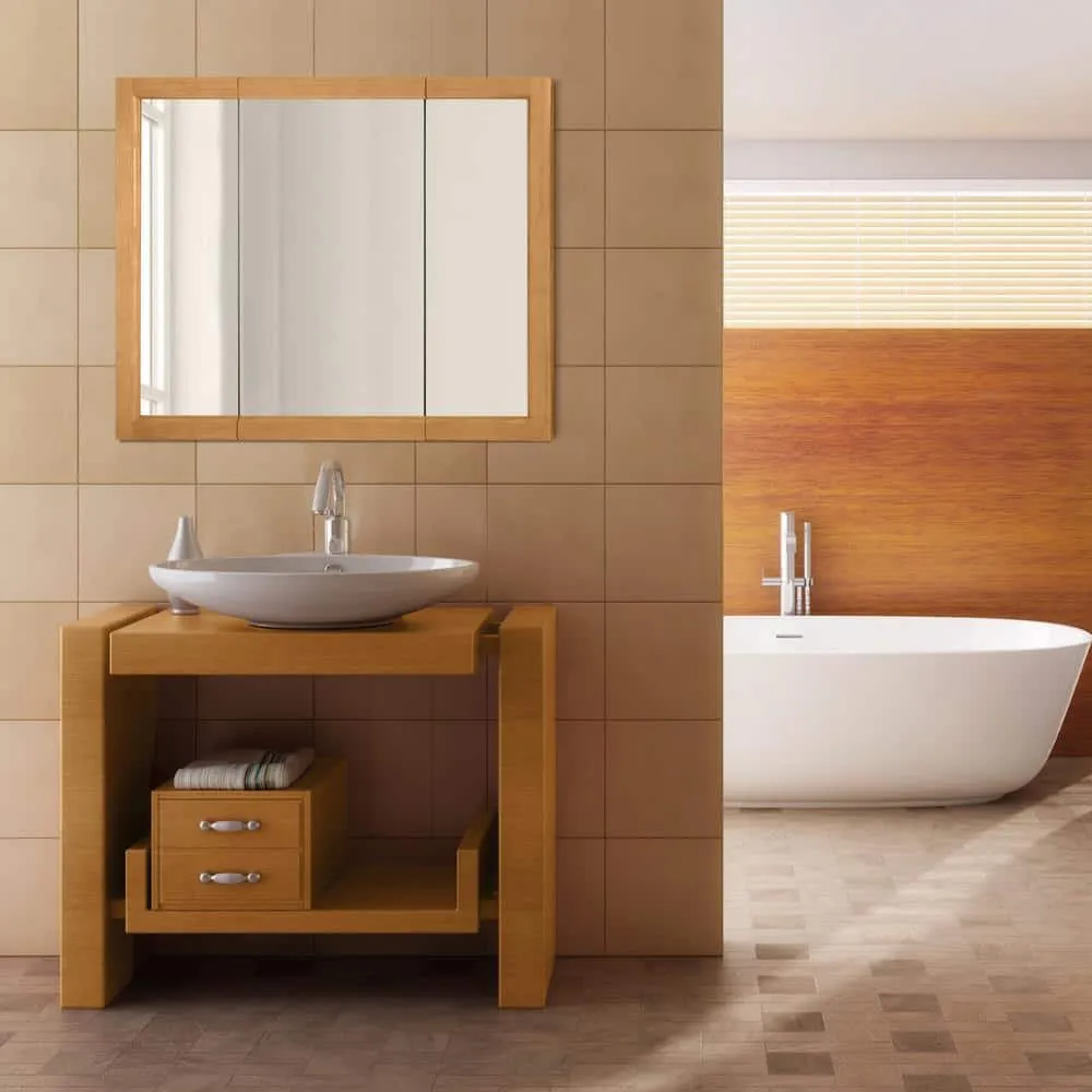 Design House Richland 36 in. W x 30 in. H x 4-4/5 in. D Framed Tri-View Surface-Mount Bathroom Medicine Cabinet in Nutmeg Oak, photo 10 of 10