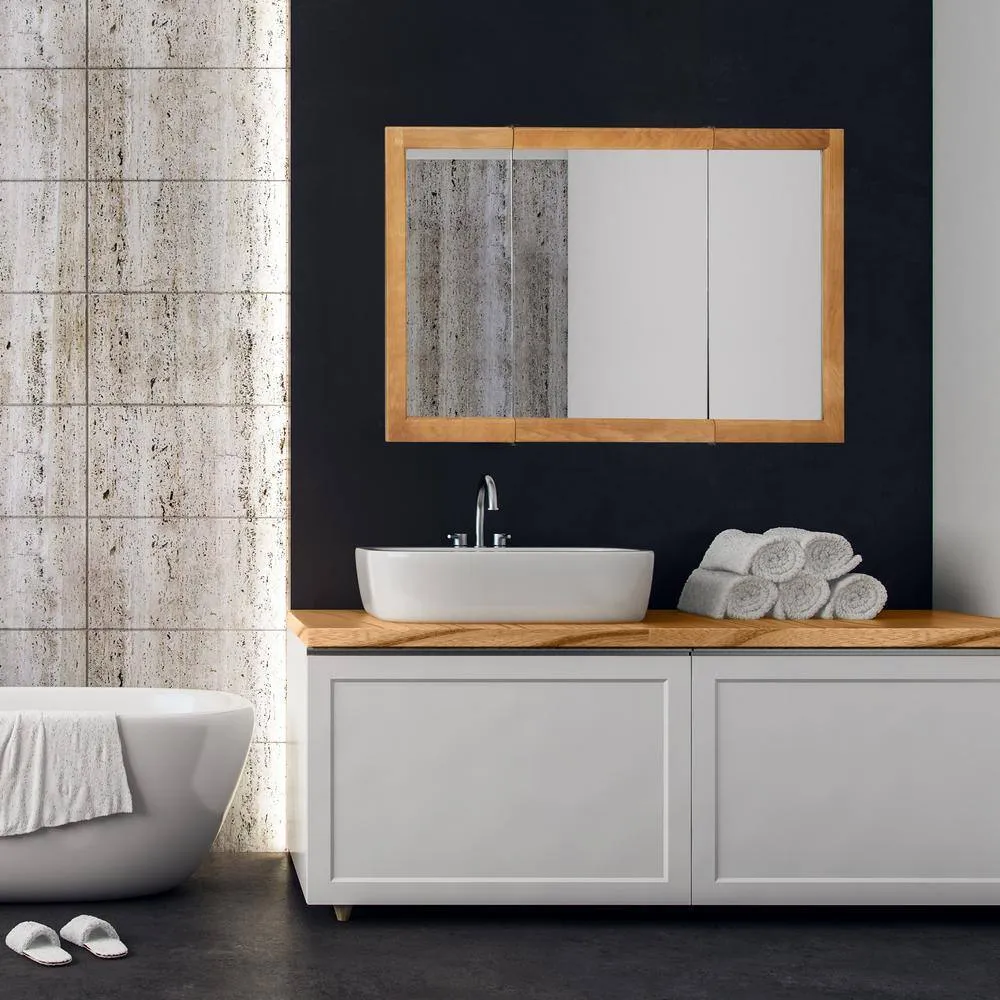 Design House Richland 48 in. x 30 in. 4-4/5 in. Surface-Mount Tri-View Bathroom Medicine Cabinet in Nutmeg Oak, photo 3 of 10