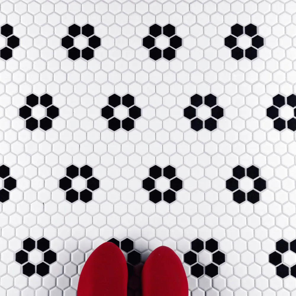 Merola Tile Metro Hex Matte White with Flower Porcelain Mosaic Tile, 10-1/4 in. x 11-7/8 in., 6mm (8.56 sq. ft./Case), photo 3 of 8