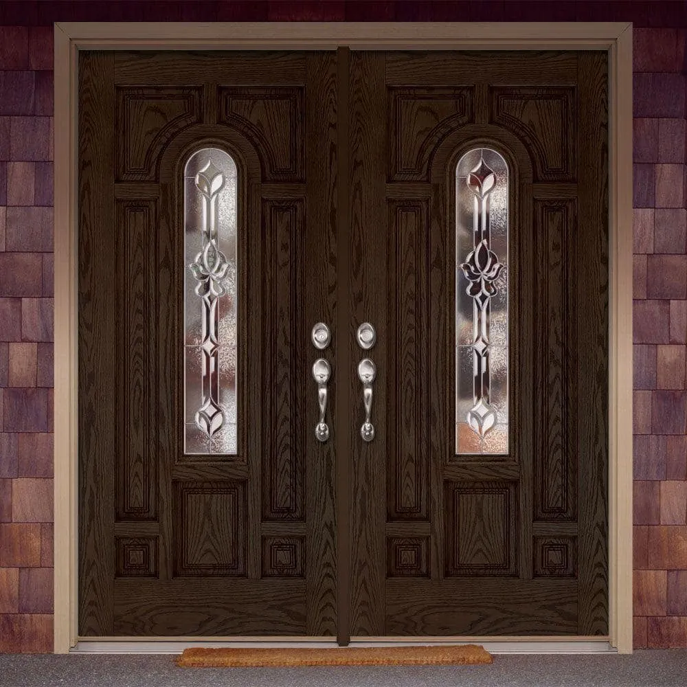Feather River Doors 74 in. x 81.625 in. Medina Zinc Center Arch Lite Stained Walnut Oak Left-Hand Fiberglass Double Prehung Front Door, photo 2 of 2