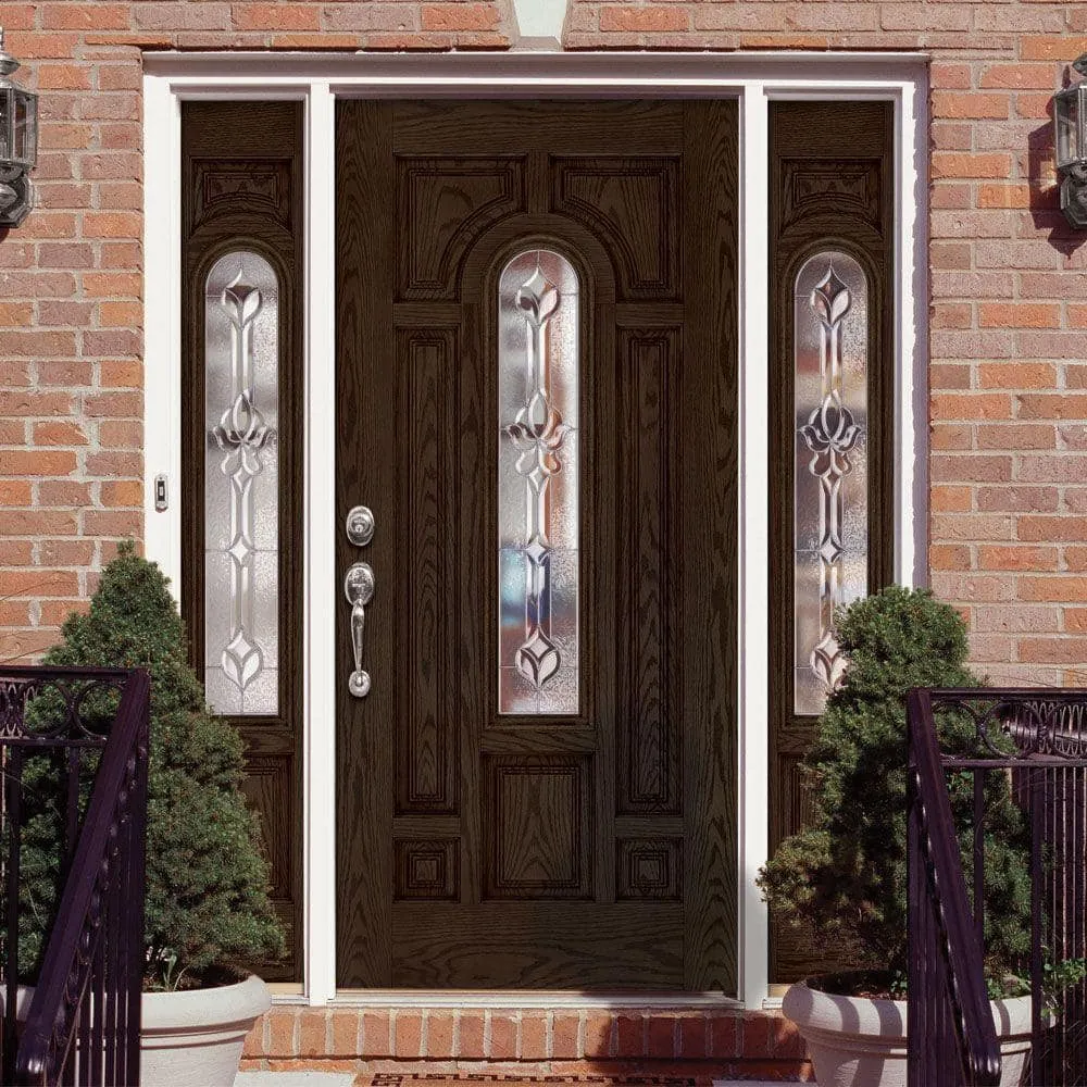 67.5 in.x81.625 in. Medina Zinc Center Arch Lt Stained Walnut Oak Right-Hand Fiberglass Prehung Front Door w/Sidelites, photo 2 of 2