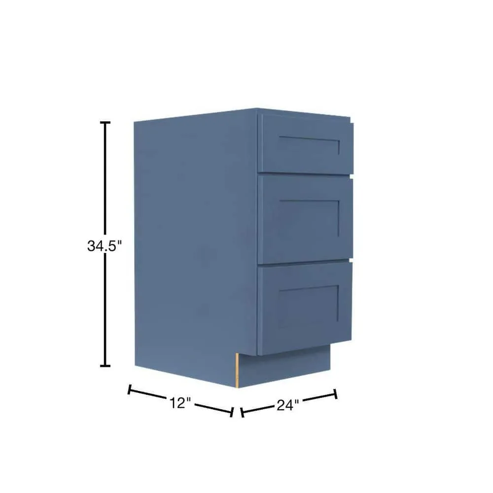 LIFEART CABINETRY Lancaster Blue Plywood Shaker Stock Assembled 3-Drawer Base Kitchen Cabinet 12 in. W x 34.5 in. D H x 24 in. D, photo 2 of 7