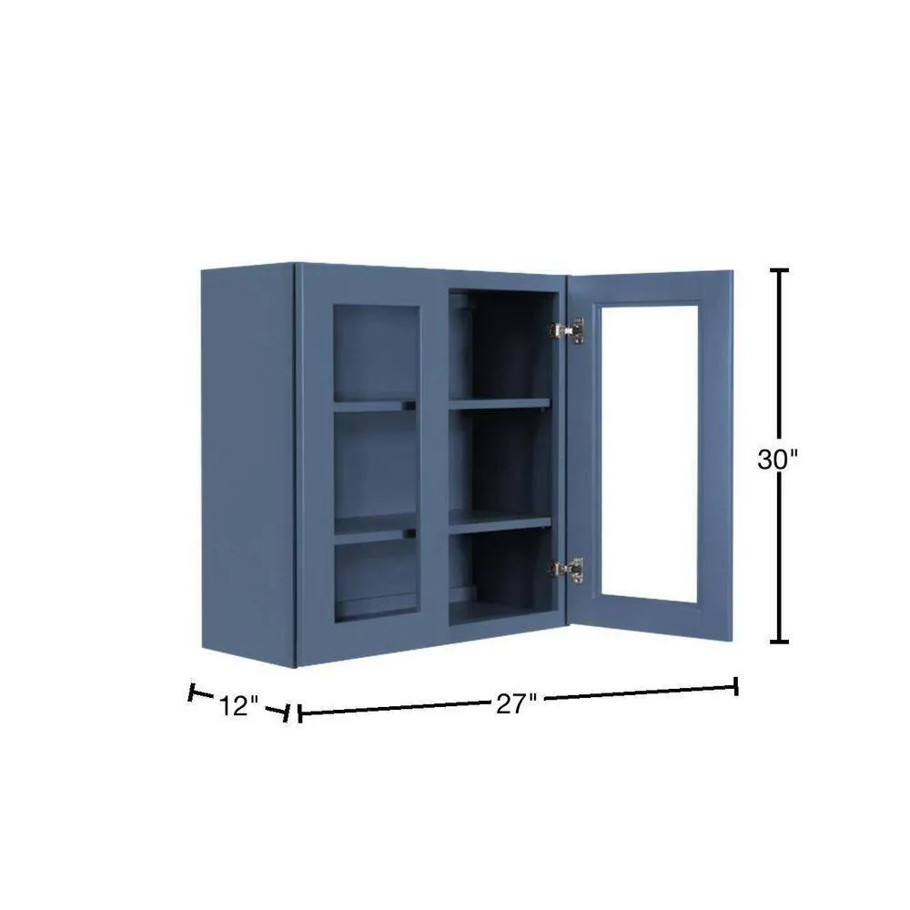 LIFEART CABINETRY Lancaster Blue Plywood Shaker Stock Assembled Wall Glass-Door Kitchen Cabinet 27 in. W x 12 in. D x 30 in. H, photo 2 of 7