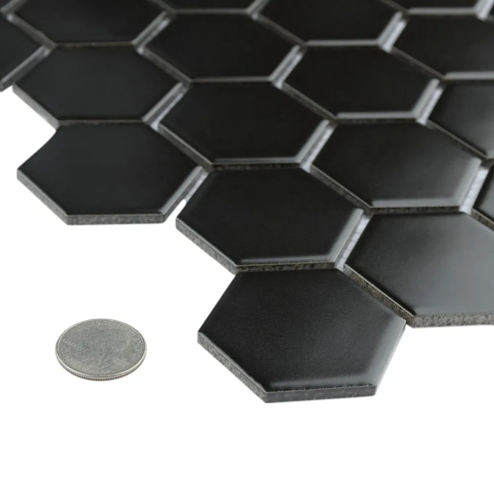 Merola Tile Metro Hex 2 in. Matte 11-1/8 in. x 12-5/8 in. Black Porcelain Mosaic (9.64 sq. ft. / Case), photo 6 of 8