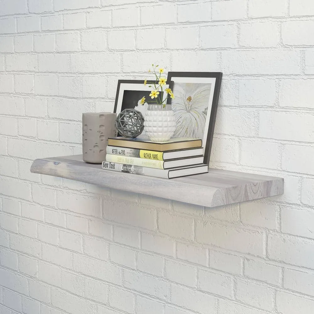 Interbuild Solid 2.9 ft. L x 10 in. D x 1.5 in. T, Acacia Butcher Block Countertop Floating Wall Shelf Organic White with Live Edge, photo 5 of 7