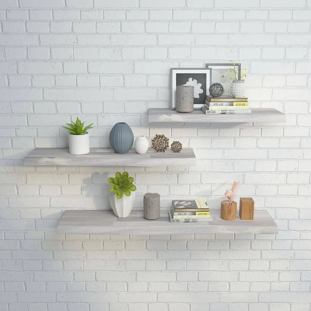 Interbuild Solid 2.9 ft. L x 10 in. D x 1.5 in. T, Acacia Butcher Block Countertop Floating Wall Shelf Organic White with Live Edge, photo 6 of 7