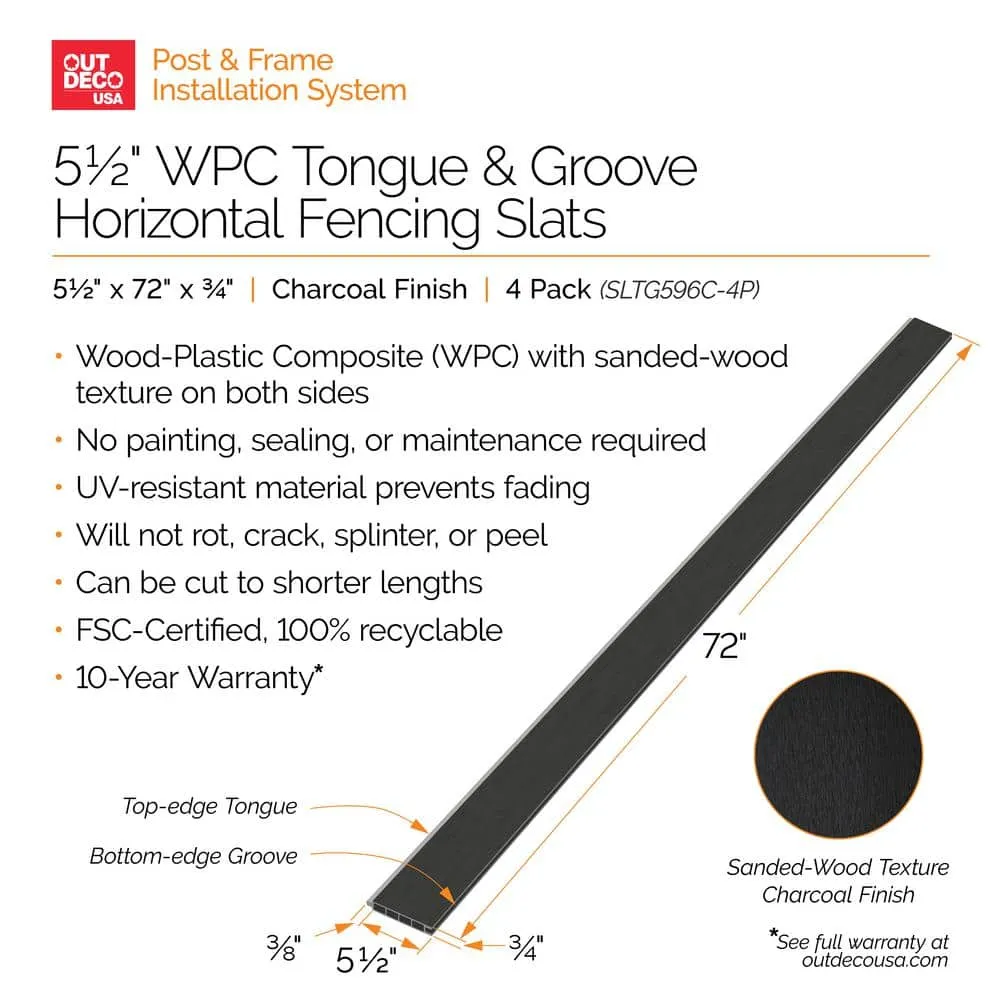 OUTDECO 5.5 in. x 72 in. x.75 in. Wood Plastic Composite Fence Board, Tongue and Groove, Sanded Finish - Charcoal (4-Pack), photo 7 of 12