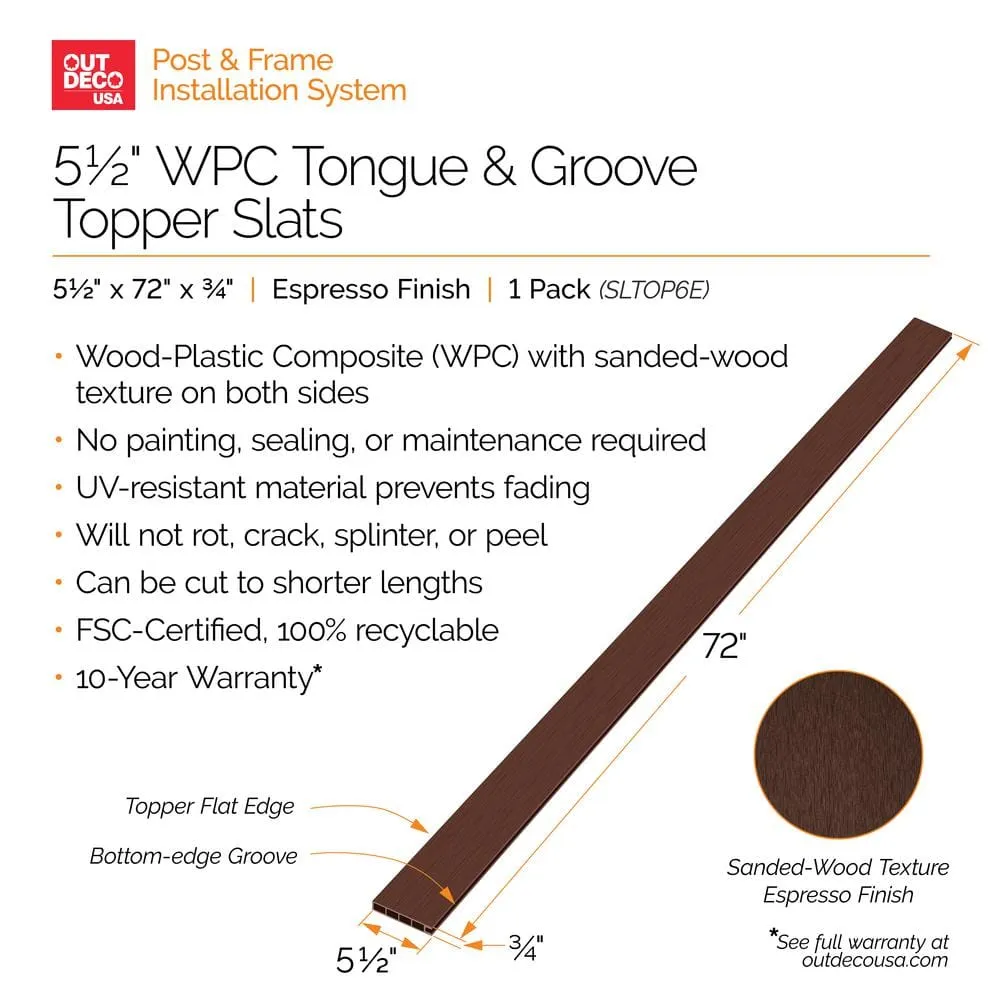 OUTDECO 5.5 in. x 72 in. x .75 in. Wood Plastic Composite Fence Board, Tongue and Groove Topper, Sanded Finish - Espresso, photo 7 of 12