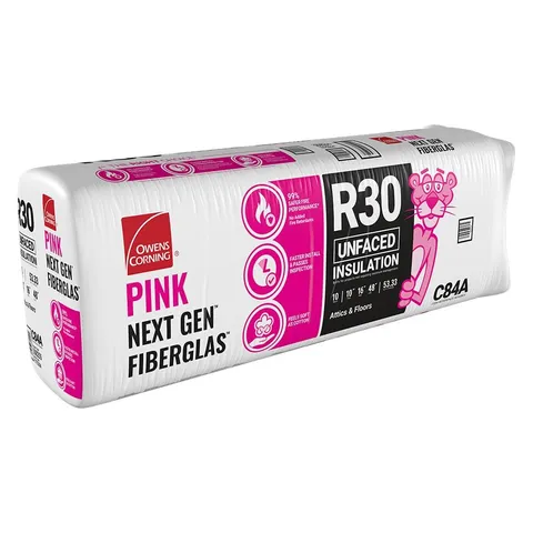 R-30 Unfaced Fiberglass Insulation Batts, 10 × 16 × 48 in (Bag)