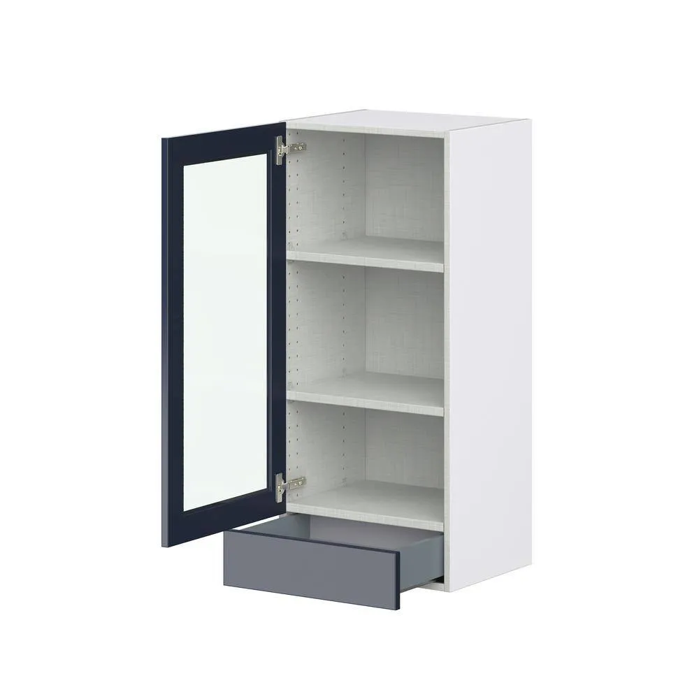 J COLLECTION 18 in. W x 40 in. H x 14 in. D Devon Painted Blue Recessed Assembled Wall Kitchen Cabinet with Glass Door and Drawer, photo 6 of 8