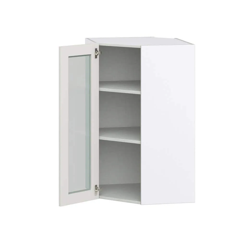 J COLLECTION 24 in. W x 40 in. H x 14 in. D Littleton Painted Light Gray Recessed Assembled GlassWall Diagonal Corner Kitchen Cabinet, photo 6 of 8