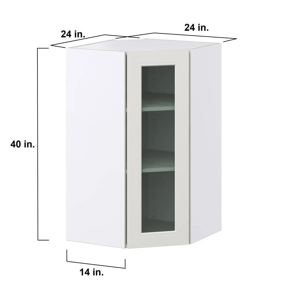 J COLLECTION 24 in. W x 40 in. H x 14 in. D Littleton Painted Light Gray Recessed Assembled GlassWall Diagonal Corner Kitchen Cabinet, photo 4 of 8