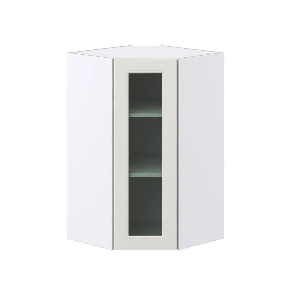 J COLLECTION 24 in. W x 40 in. H x 14 in. D Littleton Painted Light Gray Recessed Assembled GlassWall Diagonal Corner Kitchen Cabinet, photo 7 of 8