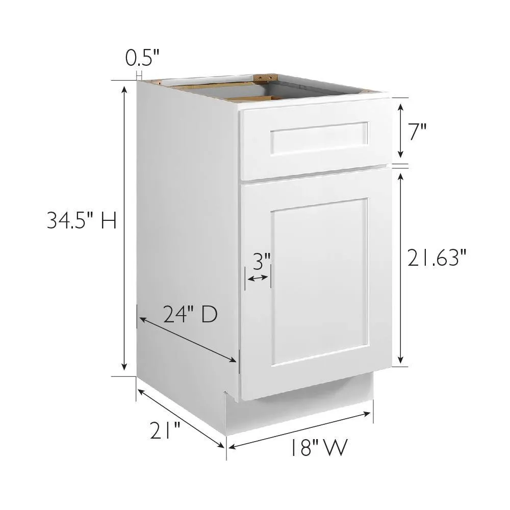 Design House Brookings Solid Wood Assembled Shaker 18 in. x 34.5 in. x 24 in. 1 Door 1 Drawer Base Kitchen Cabinet B18 in White, photo 9 of 15