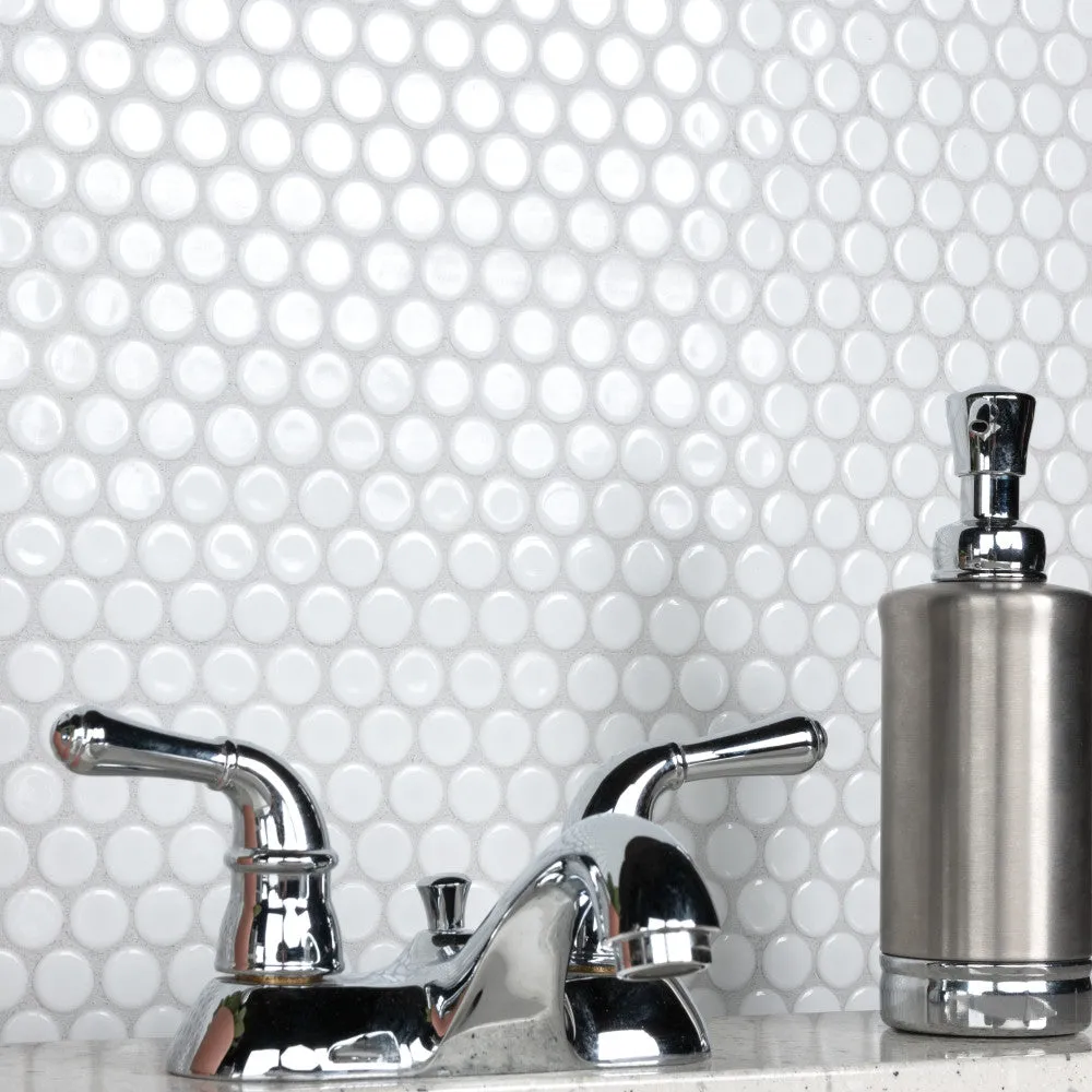 Merola Tile Hudson Penny Round Glossy White 12 in. x 12-5/8 in. x 5 mm Porcelain Mosaic Tile (10.74 sq. ft. / Case), photo 4 of 8