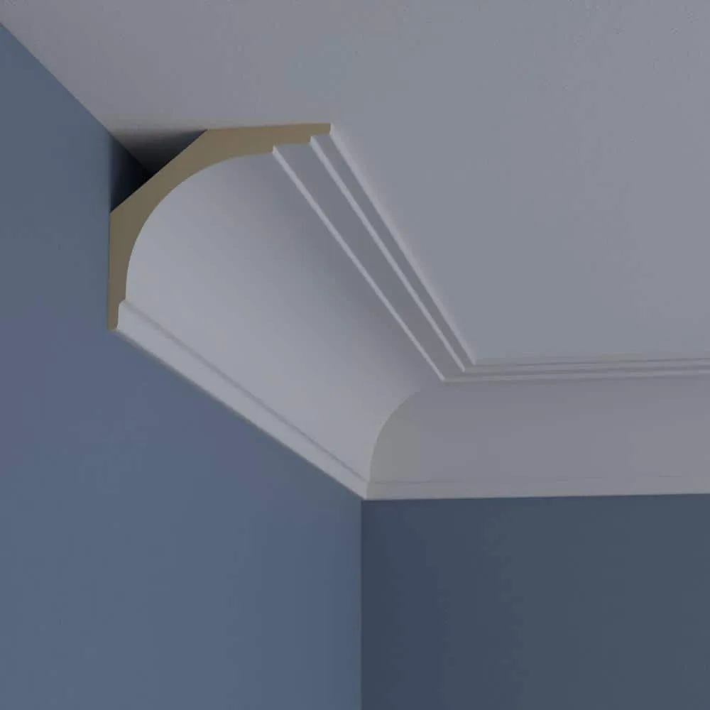 Ekena Millwork 4-1/4 in. H x 4-3/4 in. P x 6-3/8 in. F x 94-1/2 in. L Polyurethane Bradford Traditional Smooth Crown Moulding 12-Pack, photo 10 of 14