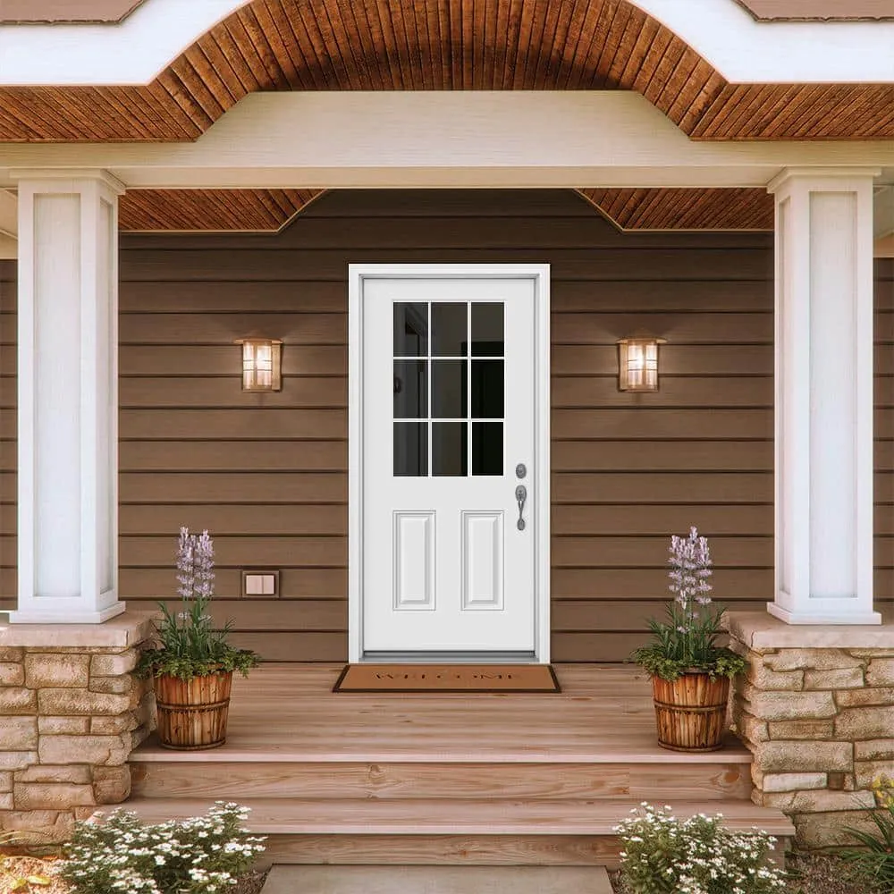 32 in. x 80 in. 9 Lite Primed Fiberglass Prehung Entry Door with Brickmould, photo 2 of 2