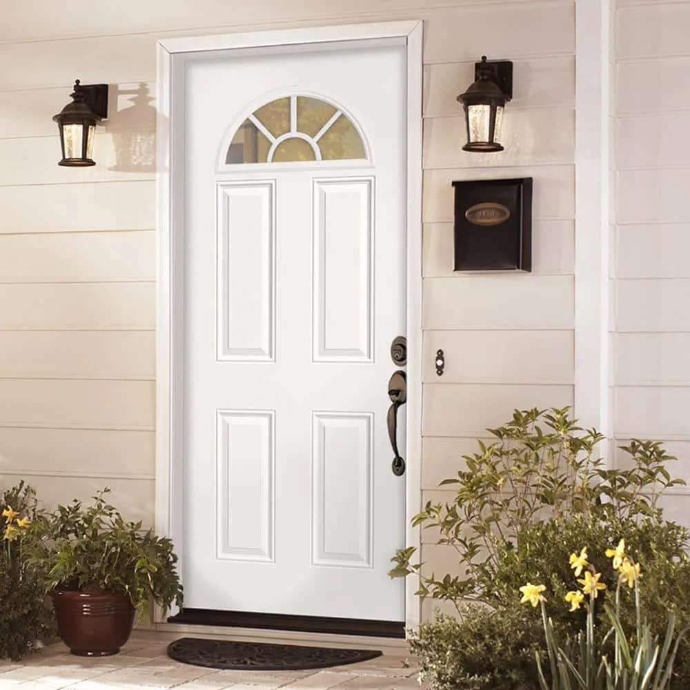 Masonite 36 in. x 80 in. Premium Fan Lite Left-Hand Inswing Primed Steel Prehung Front Exterior Door with Brickmold, photo 2 of 4