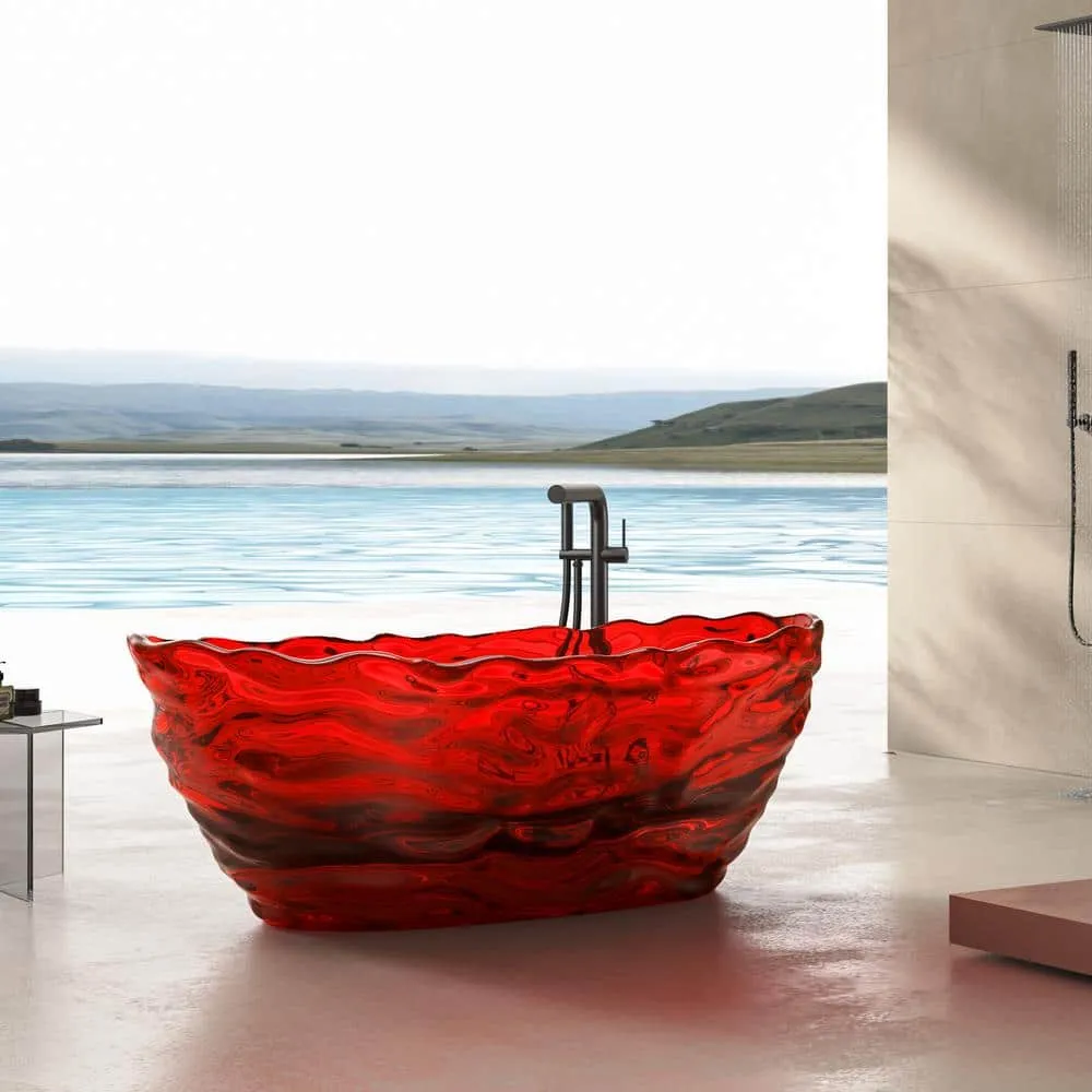 Vanity Art 69 in. x 30 in. Freestanding Oval Soaking Stone Resin Bathtub in Pure Resin Red with Polished Chrome Pop Up Drain, photo 2 of 7