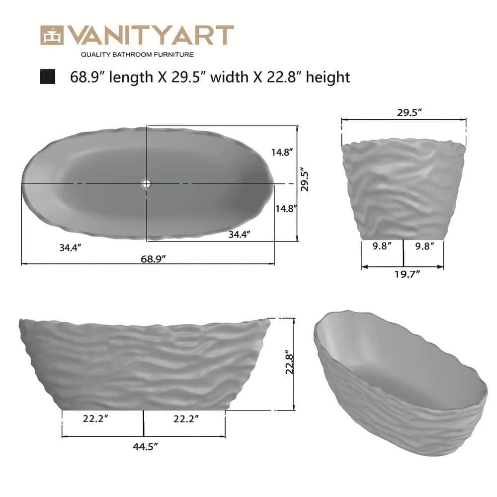 Vanity Art 69 in. x 30 in. Freestanding Oval Soaking Stone Resin Bathtub in Pure Resin Red with Polished Chrome Pop Up Drain, photo 7 of 7