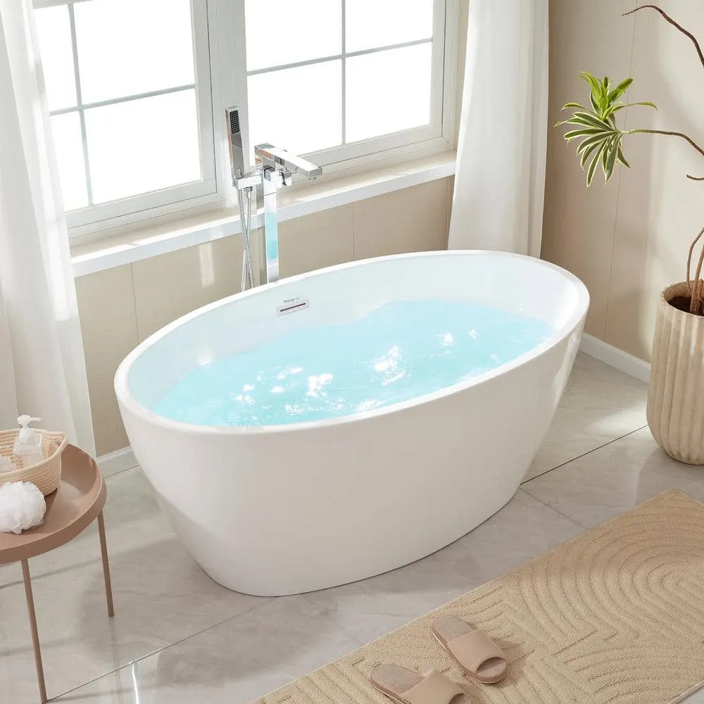 Vanity Art Calais 55 in. L x 32 in. W Acrylic Flatbottom Freestanding Bathtub with Center Drain in Pure White, photo 4 of 8