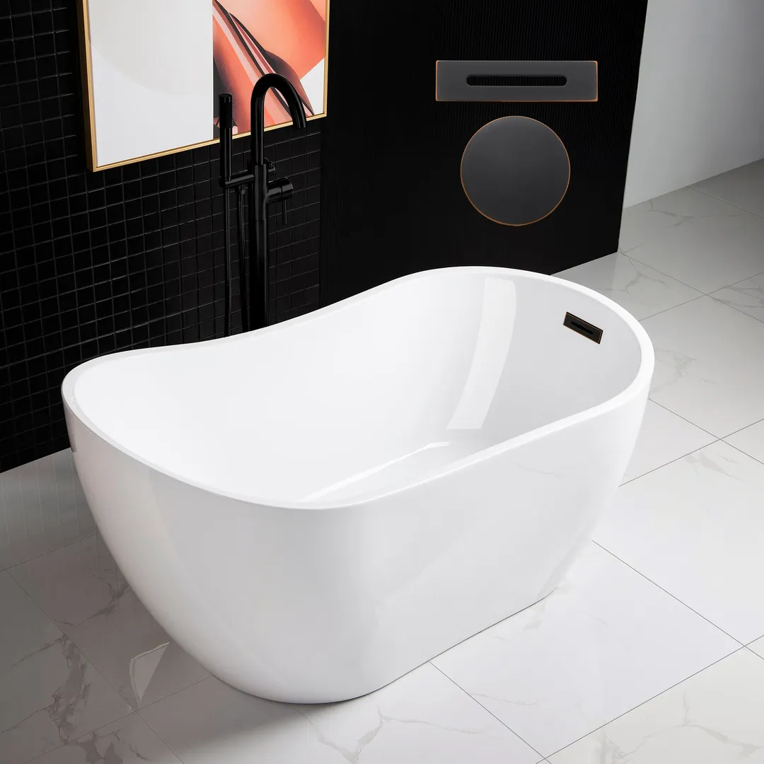 WOODBRIDGE Willingboro 54 in. Acrylic Flatbottom Double-Ended Freestanding Bathtub with Oil-Rubbed Bronze Overflow & Drain, White, photo 2 of 7