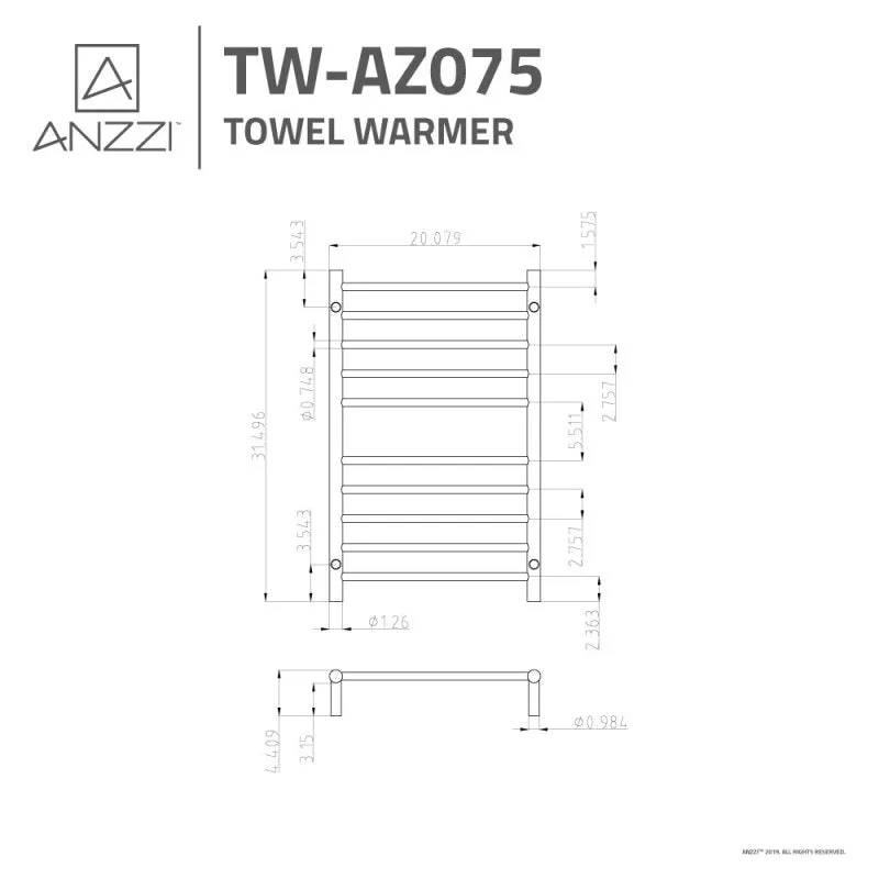 ANZZI Bali Series 10-Bar Stainless Steel Wall Mounted Electric Towel Warmer, Polished Chrome, 20 x 31.5 in, photo 4 of 11