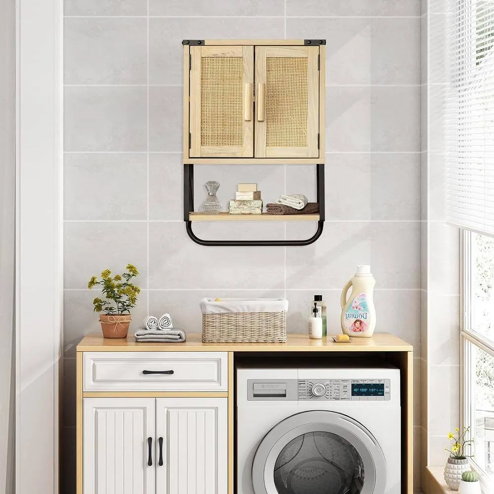 Adrinfly 15 in. W x 7 in. D x 23 in. H in Rattan Wood Ready to Assemble Upper Medicine Cabinet with Adjustable Shelf, photo 4 of 7