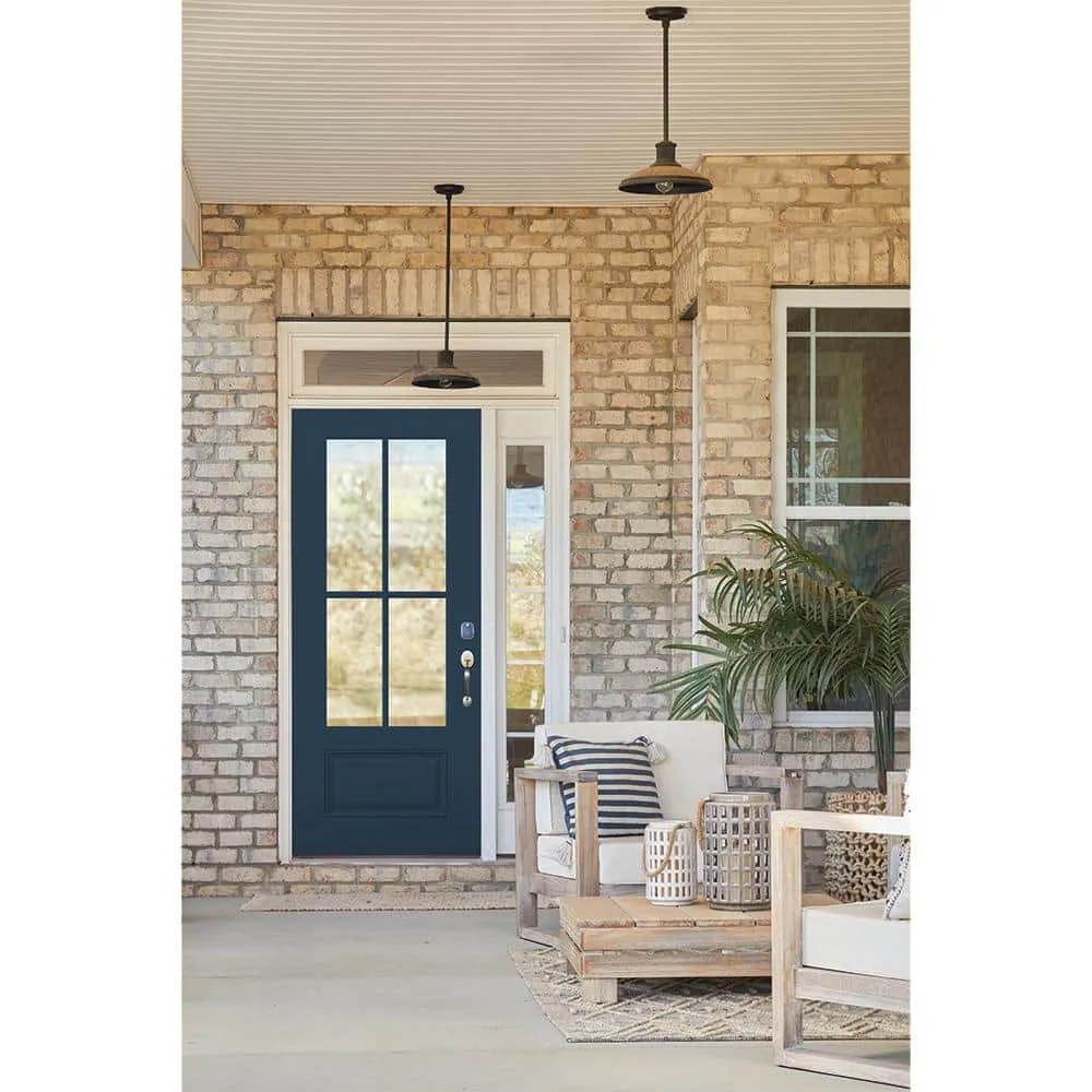 JELD-WEN 36 in. x 80 in. Left-Hand 4 Lite Clear Glass Revival Blue Painted Fiberglass Prehung Front Door with Brickmould, photo 2 of 2